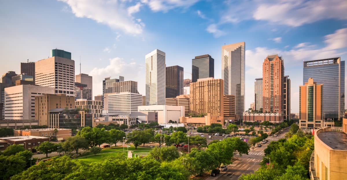 Houston skyline on a beautiful blue sky sunny day